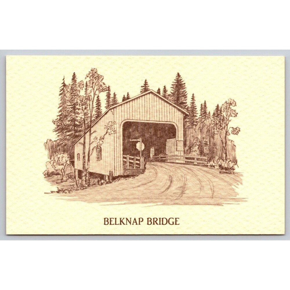 Postcard Oregon Belknap Bridge Covered Built 1966 Artist Drawing c1987 Vintage